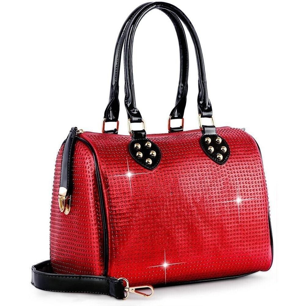 Women's Medium Red Rhinestone Covered Locked Satchel With Top Black Handles
